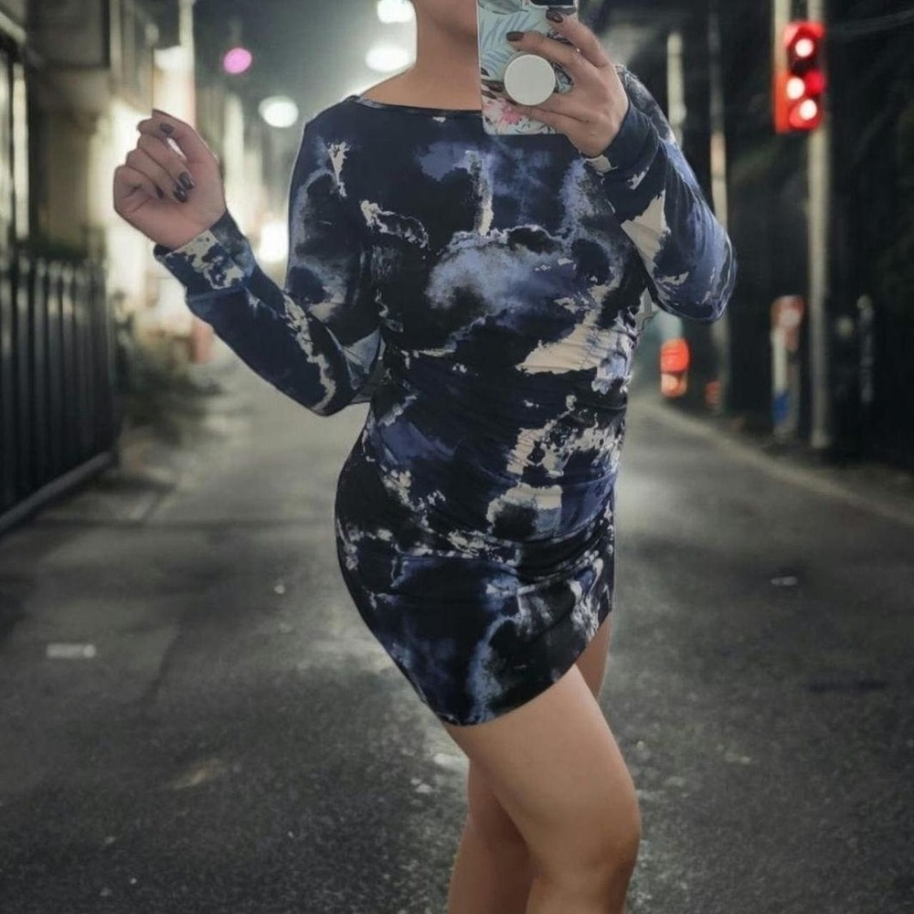Bisou Bisou Michele Bohbot Blue Abstract Ruched Bodycon Mini Dress XS LongSleeve